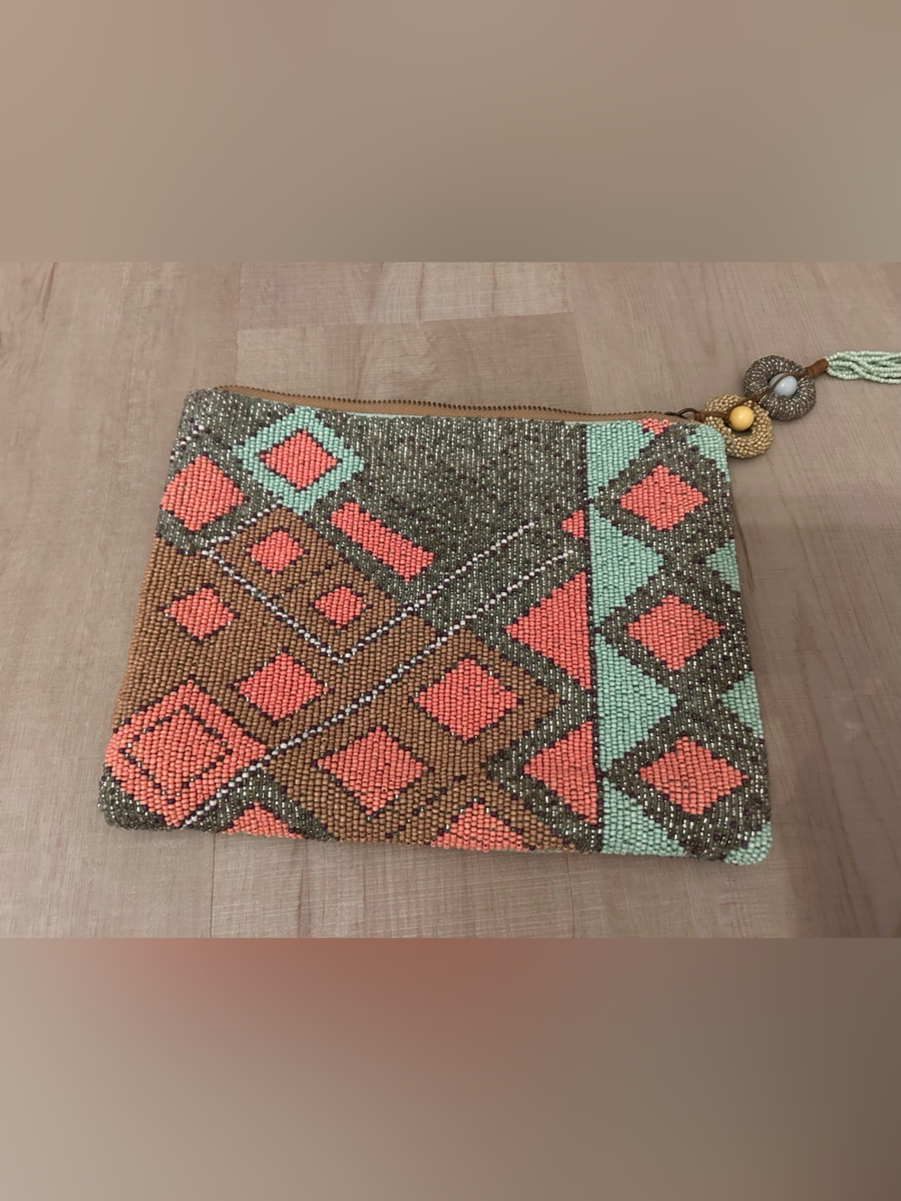 Anthropologie Beaded Boho Pattern Wristlet Clutch in Coral, Mint & Brown